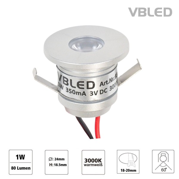 1W LED Mini Einbauspot "ALDYNE" Minispot Silber 3VDC 350mA