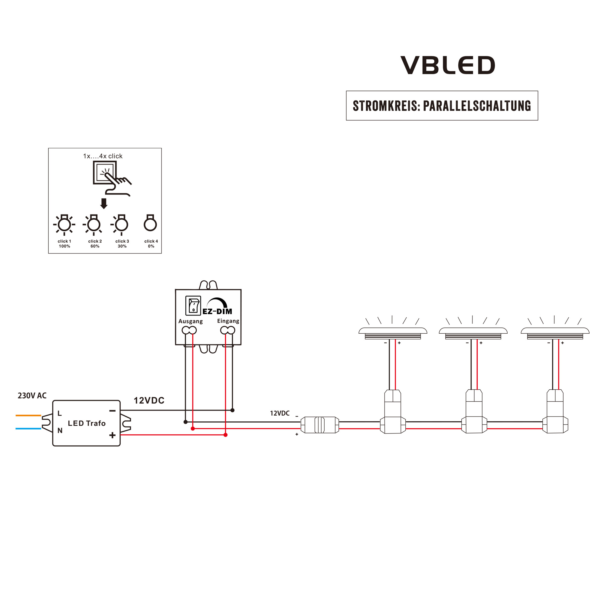 12VDC VBLED 3er-Set LED Aluminium Möbeleinbauleuchte LED mit Stufen | Einbaustrahler 3 3000K 3W Dimmer warmweiß
