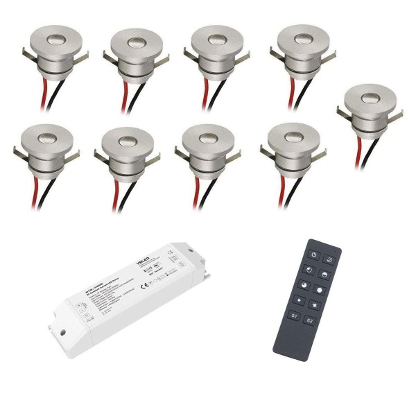 9er Set 1W Aluminium Mini LED Einbaustrahler Spot warmweiß mit RF Funk Netzteil