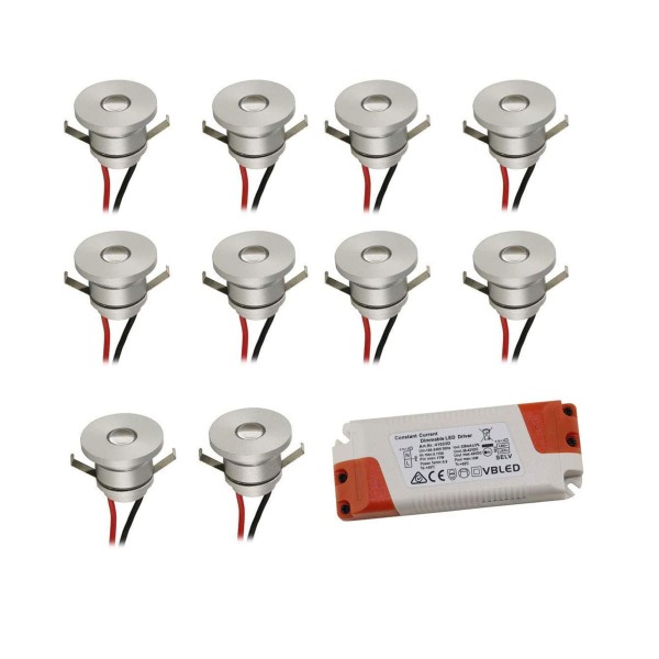 10er Set 1W LED Aluminium Mini Einbaustrahler warmweiß mit dimmbaren Netzteil - Silber