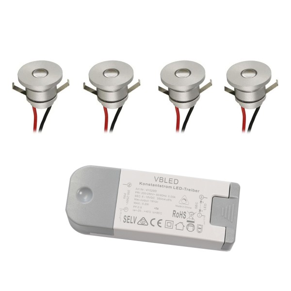 4er-Set LED Aluminium Mini Einbaustrahler 3000K mit dimmbar LED Trafo - Silber